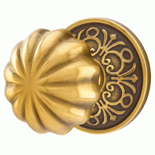 Solid Brass Melon Door Knob Set With Lancaster Rosette (Several Finish Options) EMTEK