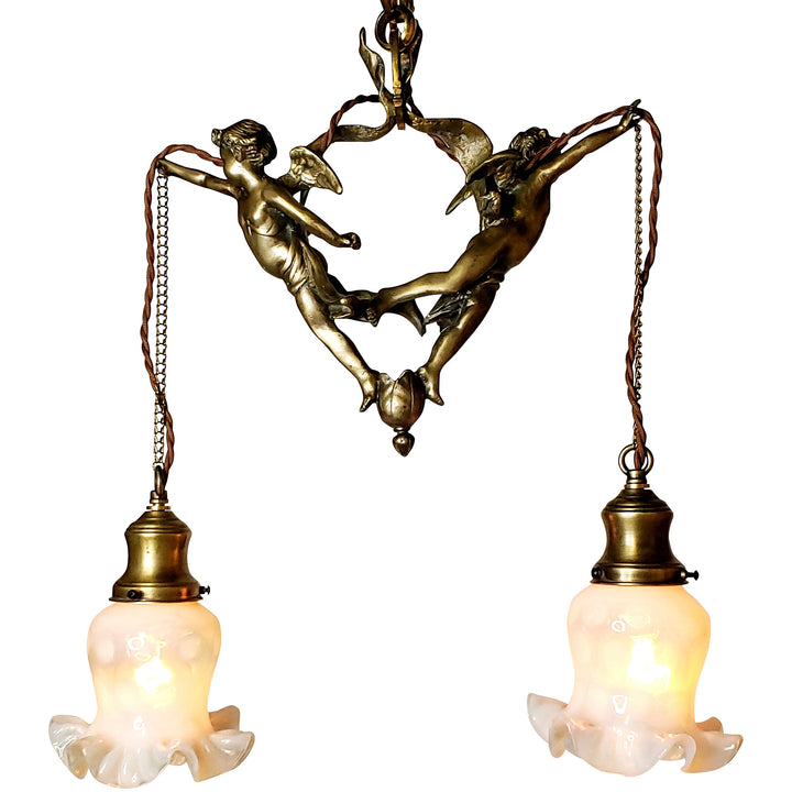 22 Inch Handmade Antique Cherub Two-Light Chandelier With Brass Chain COPPER MOUNTAIN HARDWARE