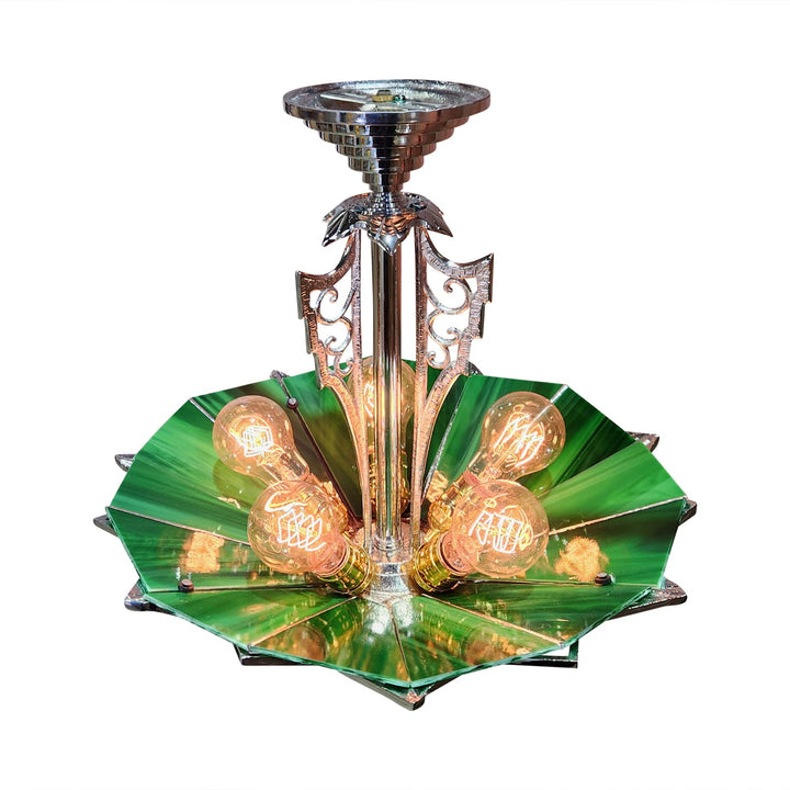 17 Inch Classic Art Deco Close Ceiling Light with Deco Green Glass (Polished Chrome Finish) COPPER MOUNTAIN HARDWARE