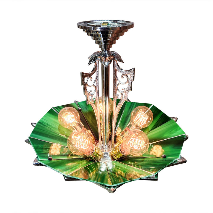17 Inch Classic Art Deco Close Ceiling Light with Deco Green Glass (Polished Chrome Finish) COPPER MOUNTAIN HARDWARE