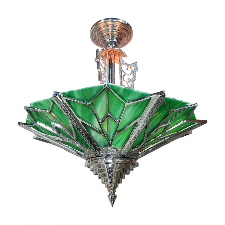 17 Inch Classic Art Deco Close Ceiling Light with Deco Green Glass (Polished Chrome Finish) COPPER MOUNTAIN HARDWARE