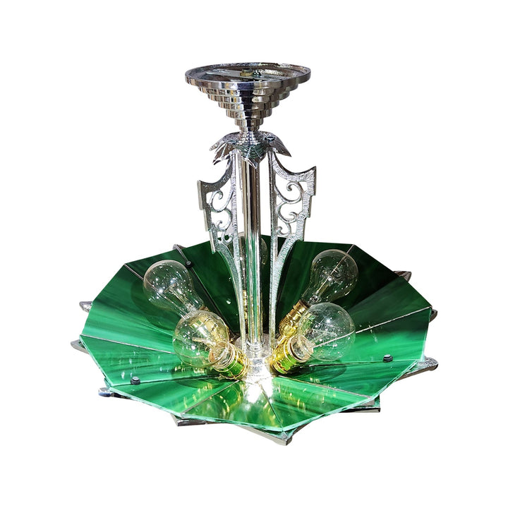17 Inch Classic Art Deco Close Ceiling Light with Deco Green Glass (Polished Chrome Finish) COPPER MOUNTAIN HARDWARE