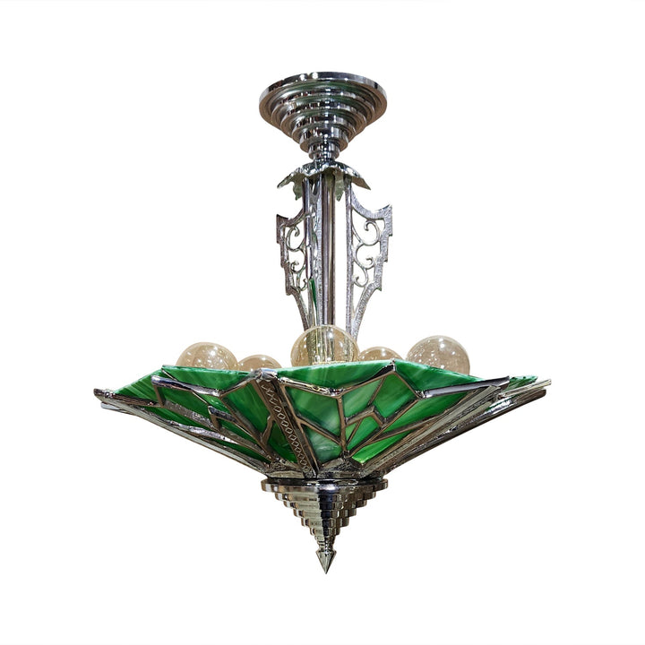17 Inch Classic Art Deco Close Ceiling Light with Deco Green Glass (Polished Chrome Finish) COPPER MOUNTAIN HARDWARE