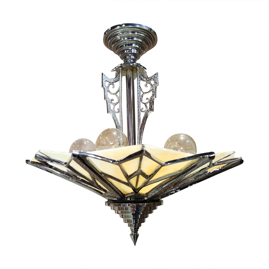 17 Inch Classic Art Deco Close Ceiling Light with Amber Glass (Polished Chrome Finish) COPPER MOUNTAIN HARDWARE