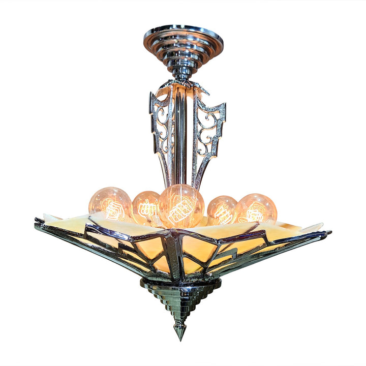 17 Inch Classic Art Deco Close Ceiling Light with Amber Glass (Polished Chrome Finish) COPPER MOUNTAIN HARDWARE