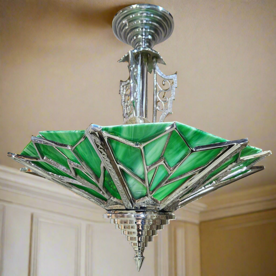 17 Inch Classic Art Deco Close Ceiling Light with Deco Green Glass (Polished Chrome Finish) COPPER MOUNTAIN HARDWARE