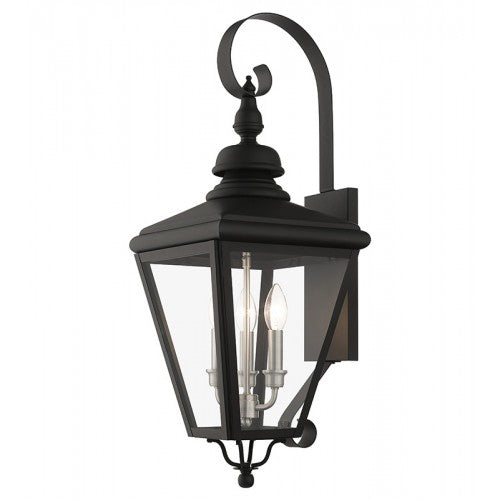 3 Light Black Outdoor Large Wall Lantern with Brushed Nickel Finish Cluster Livex