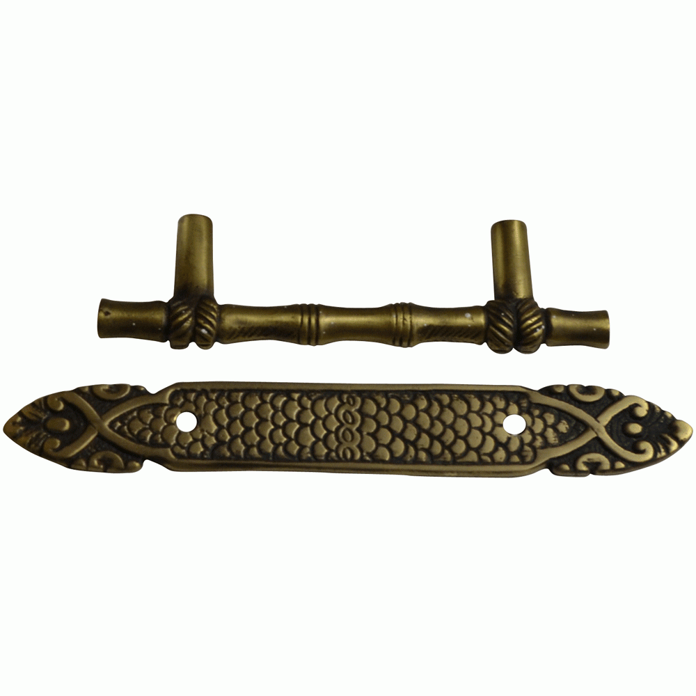 4 1/2 Inch Overall (3 Inch c-c) Bamboo Cabinet Pull & Back Plate (Antique Brass Finish) COPPER MOUNTAIN HARDWARE