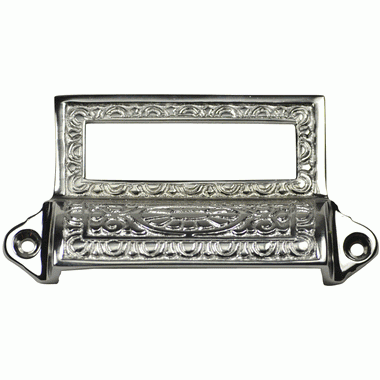 4 1/8 Inch Overall (3 1/2 Inch c.c.) Solid Brass Victorian Label Style Bin Pull (Polished Chrome Finish) COPPER MOUNTAIN HARDWARE