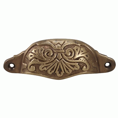 4 3/8 Inch Overall (3 3/4 Inch c-c) Solid Brass Ornate Victorian Scroll Cup or Bin Pull (Antique Brass Finish) COPPER MOUNTAIN HARDWARE