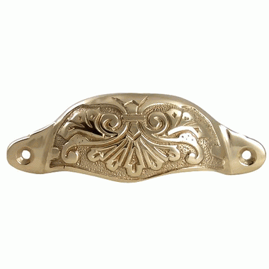 4 3/8 Inch Overall (3 3/4 Inch c-c) Solid Brass Ornate Victorian Scroll Cup or Bin Pull (Polished Brass Finish) COPPER MOUNTAIN HARDWARE