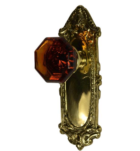 Ornate Victorian Long Backplate Door Set with Octagon Amber Glass Door Knobs (Several Finishes Available) COPPER MOUNTAIN HARDWARE