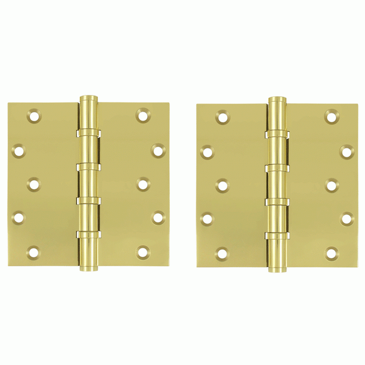 6 Inch X 6 Inch Solid Brass Ball Bearing Square Hinge (Polished Brass Finish) DELTANA