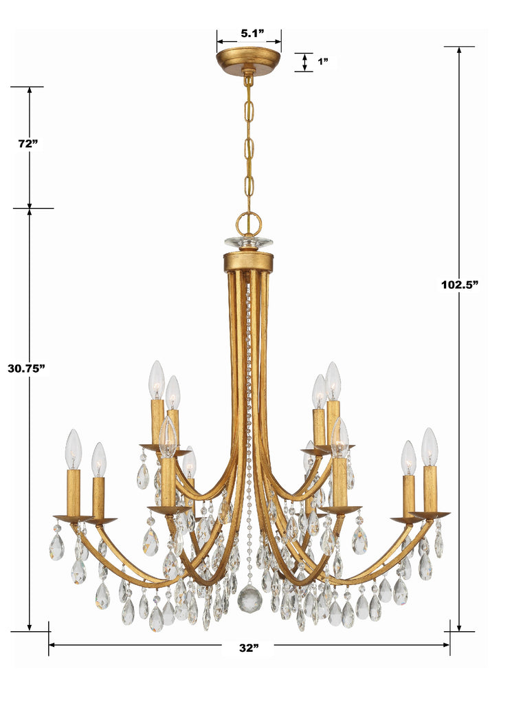 Crystorama Crystorama Bridgehampton 12 Light Hand Cut Crystal Antique Gold Chandelier