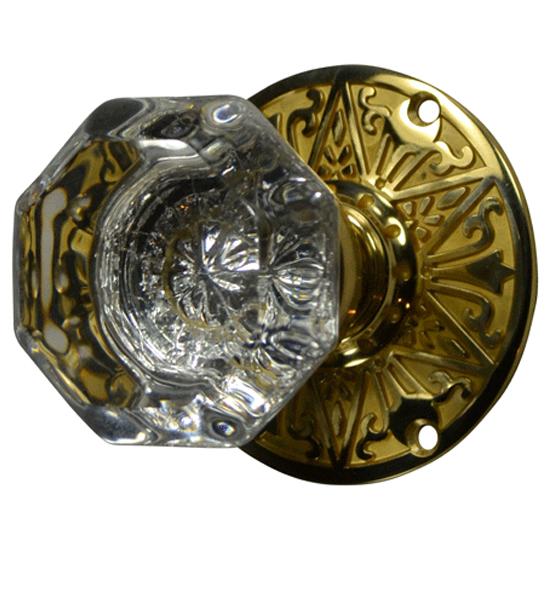 Crystal Octagon Door Knob Set with Solid Brass Eastlake Rosettes (Several Finishes Available) COPPER MOUNTAIN HARDWARE