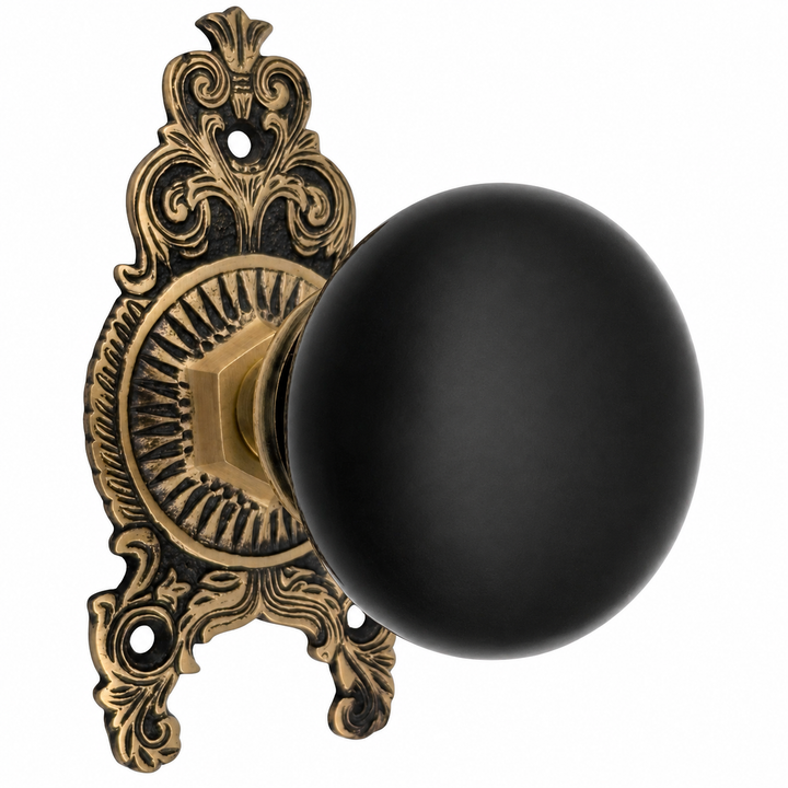 Ornate Victorian Rosette Door Set with Black Porcelain Door Knobs (Several Finishes Available)