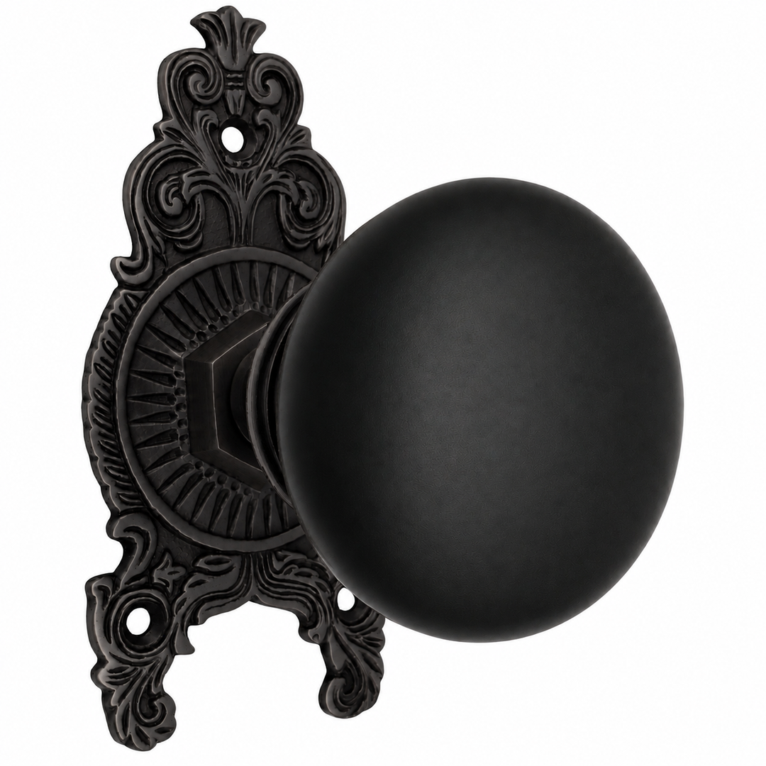 Ornate Victorian Rosette Door Set with Black Porcelain Door Knobs (Several Finishes Available)
