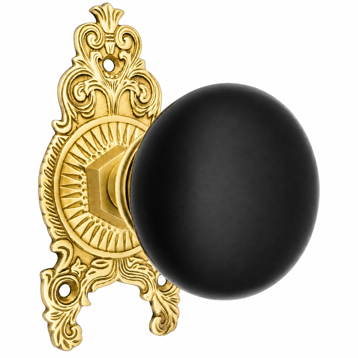 Ornate Victorian Rosette Door Set with Black Porcelain Door Knobs (Several Finishes Available)