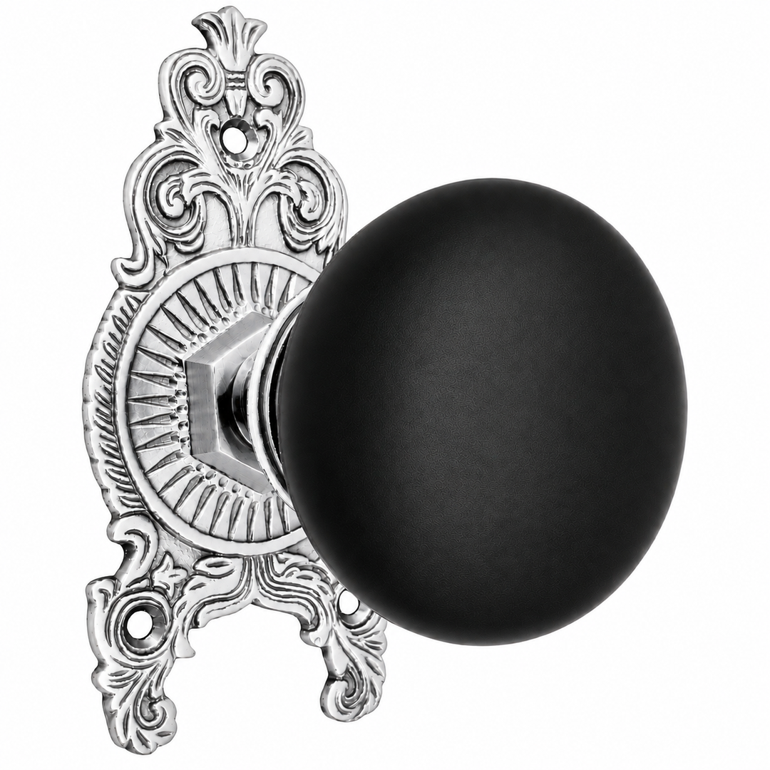 Ornate Victorian Rosette Door Set with Black Porcelain Door Knobs (Several Finishes Available)