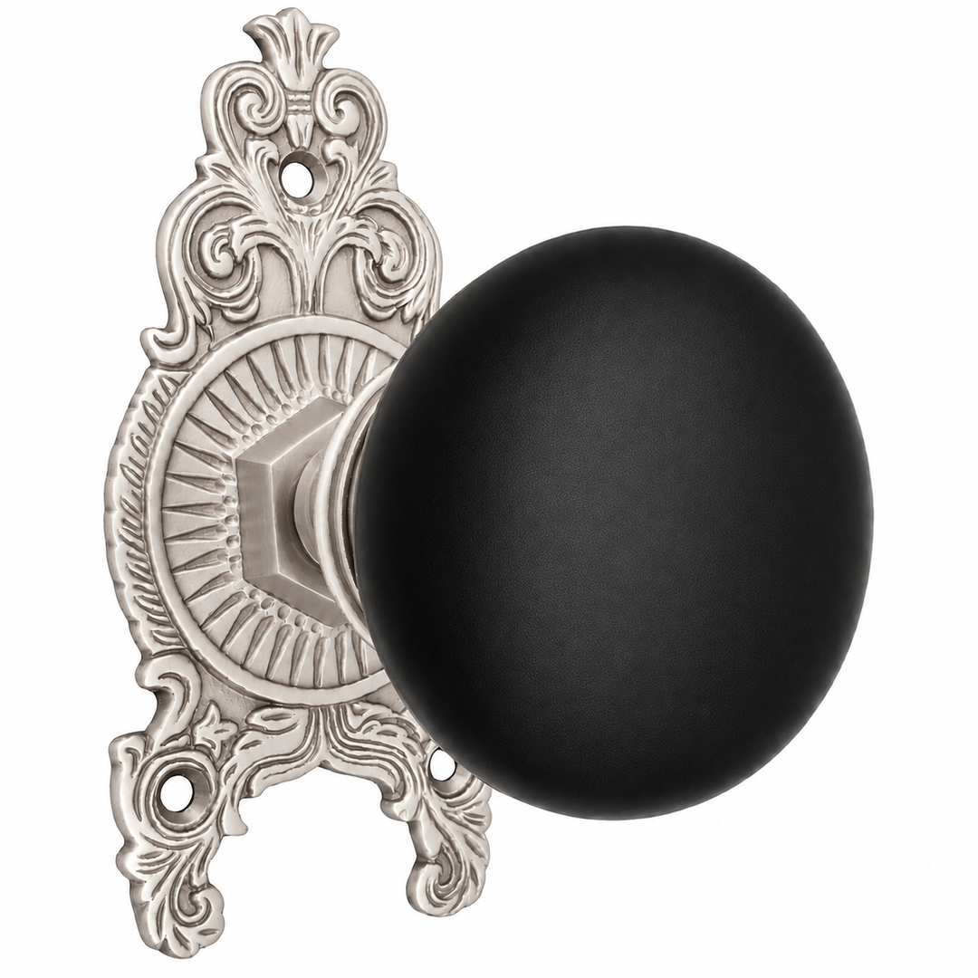 Ornate Victorian Rosette Door Set with Black Porcelain Door Knobs (Several Finishes Available)
