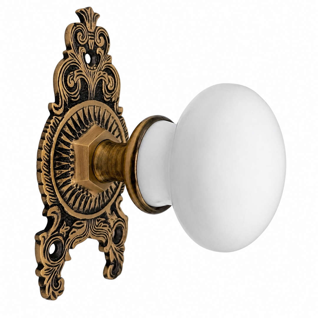 Ornate Victorian Rosette Door Set with White Porcelain Door Knobs (Several Finishes Available)