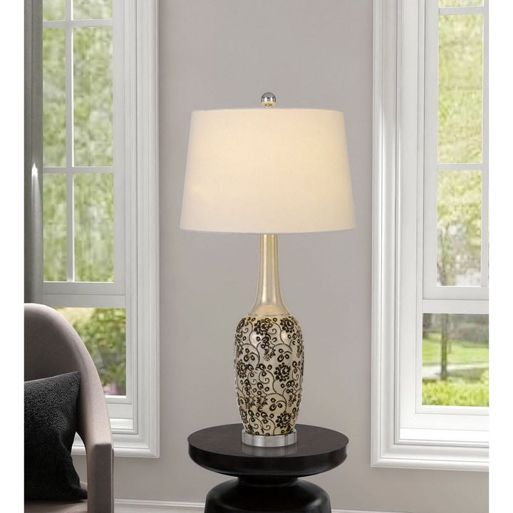 150W PAXTON CERAMIC TABLE LAMP WITH LEAF DESIGN AND TAPER DRUM HARDBACK FABRIC SHADE (PRICED AND SOLD AS PAIRS) Cal Lighting