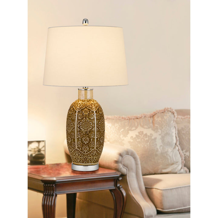 150W 3 WAY OLIVE CERAMIC TABLE LAMP WITH HARDBACK TAPER FABRIC DRUM SHADE Cal Lighting
