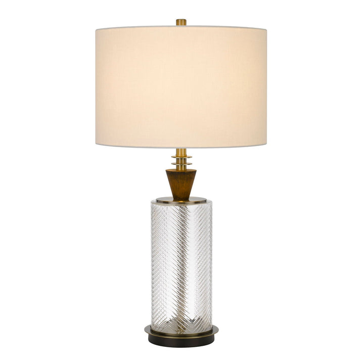 150W 3 WAY SHERWOOD GLASS TABLE LAMP WITH WOOD FONT AND HARDBACK FABRIC DRUM SHADE Cal Lighting