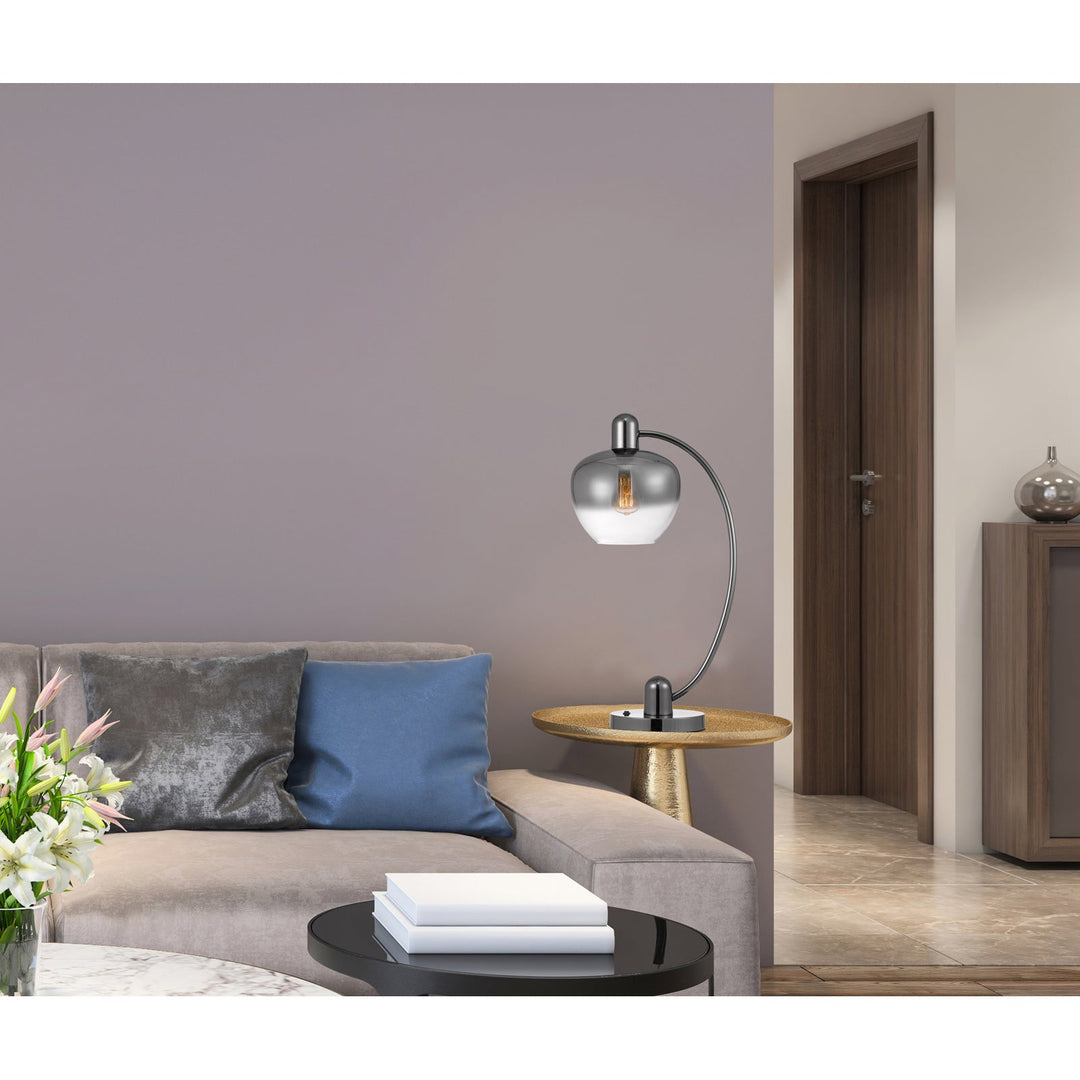 40W BROOKLINE METAL ARC TABLE LAMP WITH ELECTORAL PLATED SMOKED GLASS SHADE AND ON OFF ROCKER SWITCH Cal Lighting