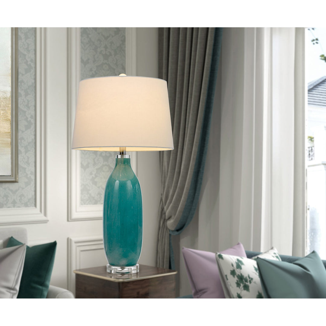 150W 3 WAY CULLMAN GLASS TABLE LAMP WITH CRYSTAL BASE AND HARDBACK TAPER DRUM FABRIC SHADE (SOLD AS PAIRS) Cal Lighting