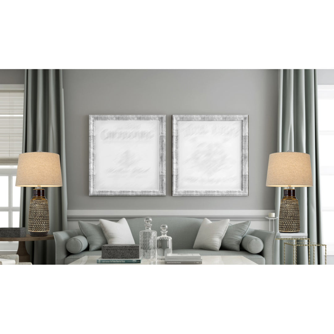 150W 3 WAY SCOTTSBORO CERAMIC TABLE LAMP AND HARDBACK TAPER DRUM SOFT BURLAP SHADE (SOLD AS PAIRS) Cal Lighting