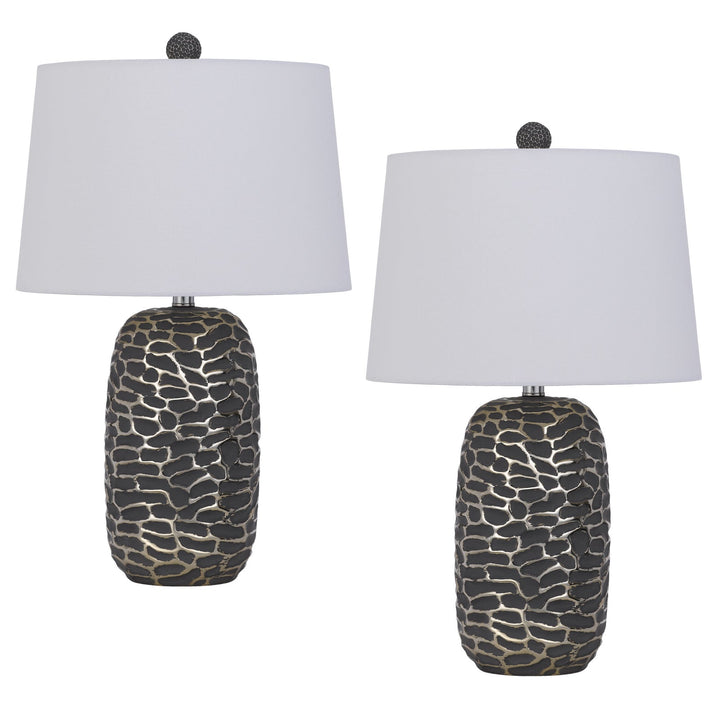 150W 3 WAY MENLO RESIN TABLE LAMP WITH HARDBACK TAPER DRUM FABRIC SHADE (SOLD AS PAIRS) Cal Lighting