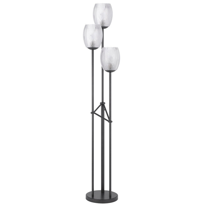 60W X 3 OCONTO METAL FLOOR LAMP WITH PATTERNED GLASS SHADES. Cal Lighting