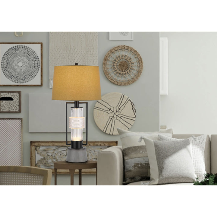 VALLDA 100W 3 WAY TABLE LAMP WITH 2W LED NIGHT LIGHT WITH METAL/GLASS BODY AND CEMENT BASE AND FINE BURLAP DRUM SHADE Cal Lighting