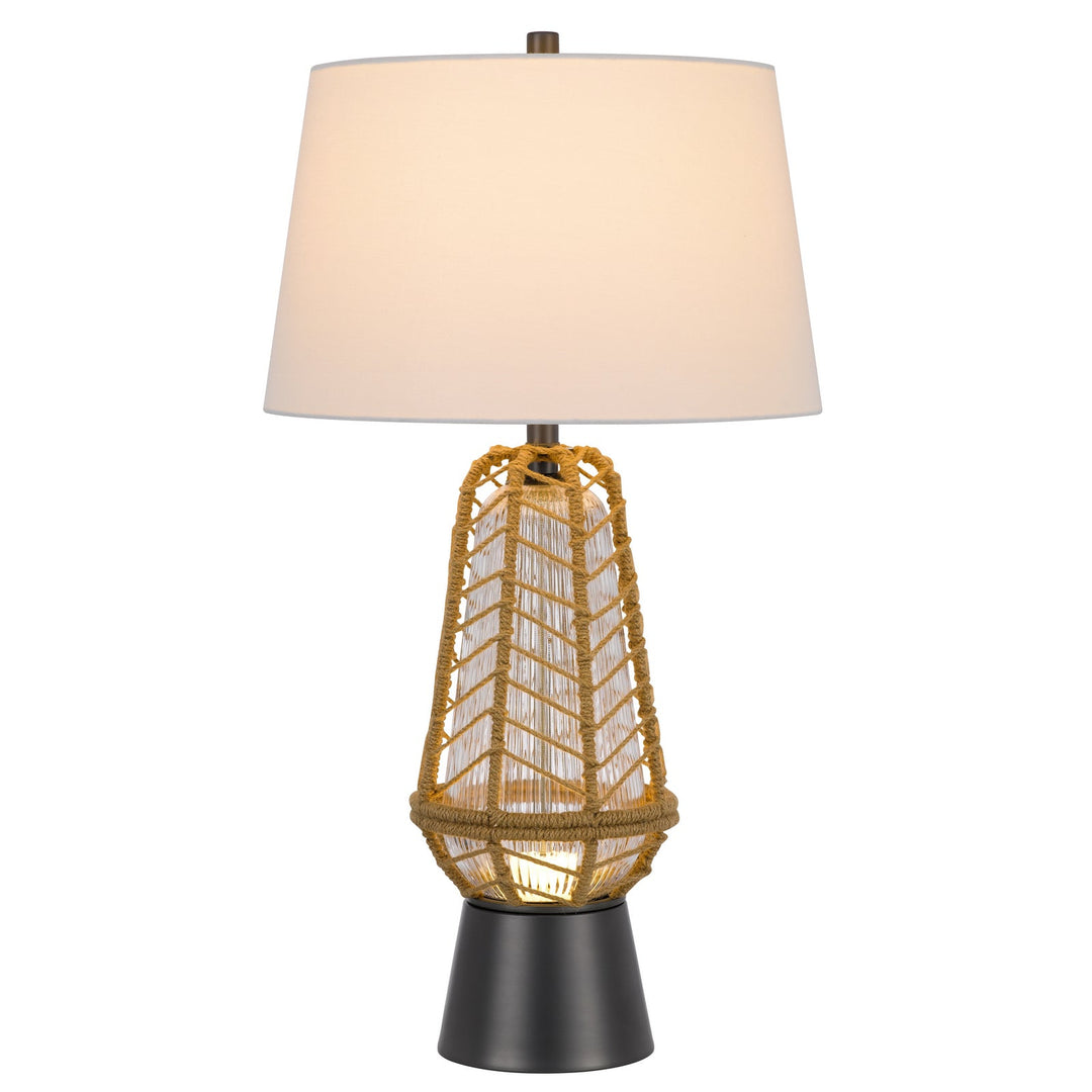 HANKO 100W 3 WAY TABLE LAMP WITH 2W LED NIGHT LIGHT WITH BURLAP WRAPPED GLASS AND METAL BASE Cal Lighting
