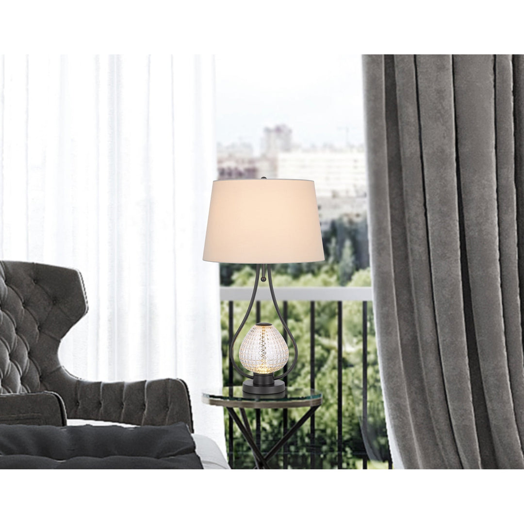 FORSSA 100W 3 WAY TABLE LAMP WITH 2W LED NIGHT LIGHT IN GLASS AND METAL BASE. Cal Lighting