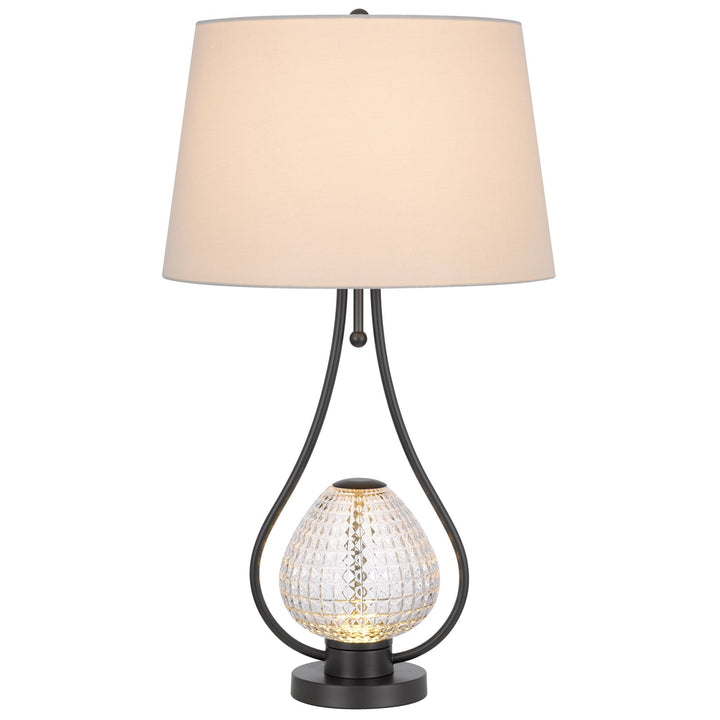 FORSSA 100W 3 WAY TABLE LAMP WITH 2W LED NIGHT LIGHT IN GLASS AND METAL BASE. Cal Lighting