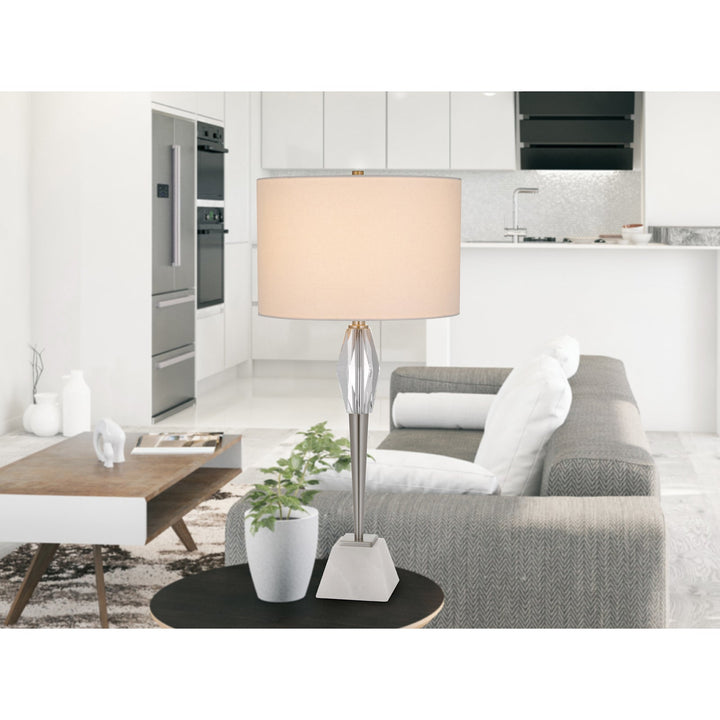 150W 3 WAY ASSEN METAL TABLE LAMP WITH CRYSTAL FONT / MARBLE BASE AND DRUM HARDBACK FABRIC SHADE Cal Lighting