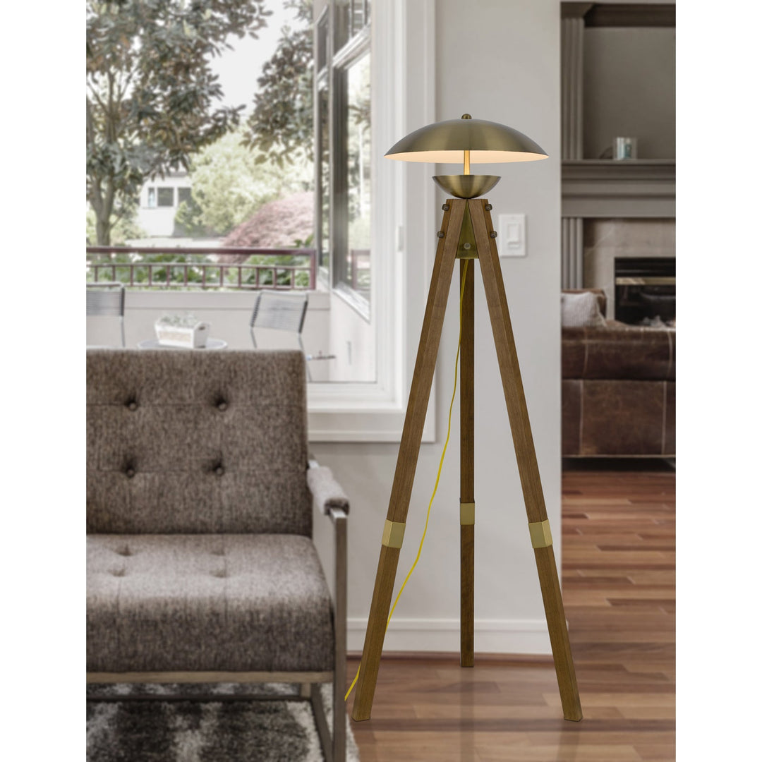 LAKELAND 18W INTERGRATED LED TRIPOD BIRCH WOOD FLOOR LAMP WITH HALF DOMED METAL SHADE Cal Lighting