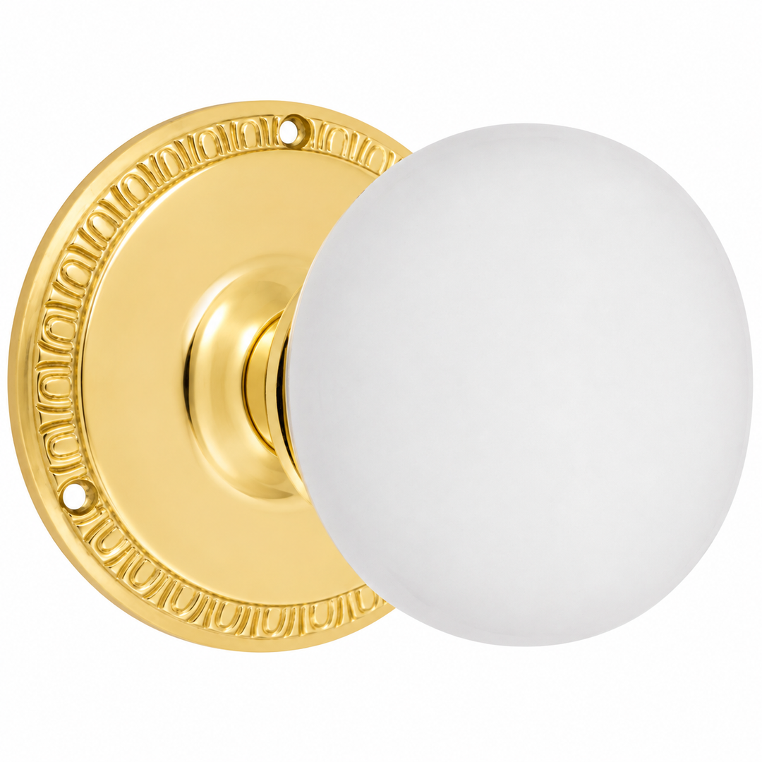 Egg & Dart Rosette Door Set with White Porcelain Door Knobs (Several Finishes Available)