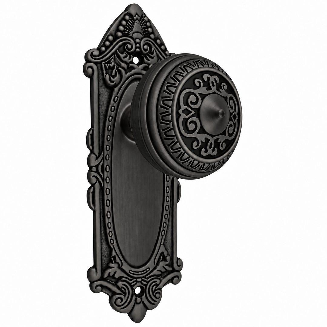 Ornate Victorian Long Backplate Door Set with Egg & Dart Door Knobs (Several Finishes Available)