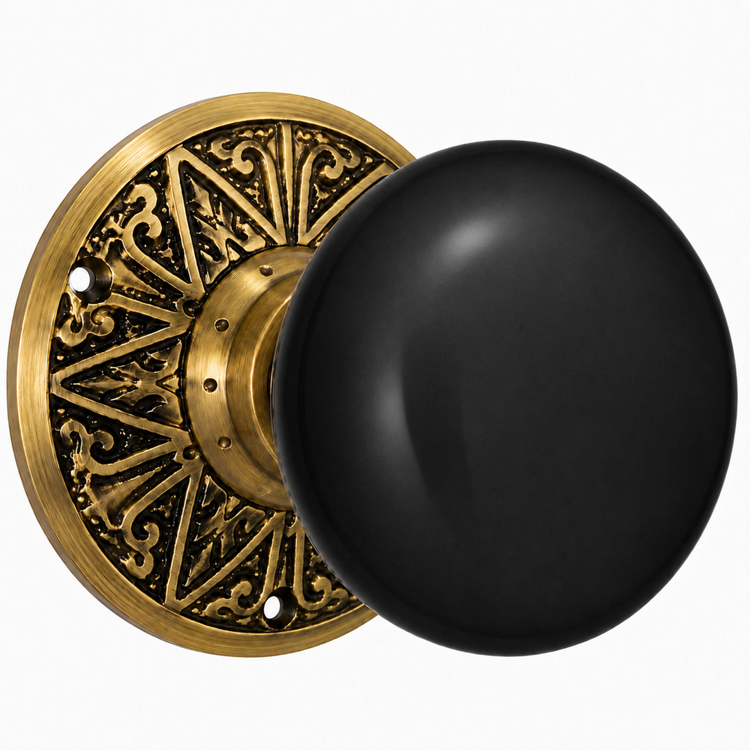 Eastlake Rosette Door Set with Black Porcelain Door Knobs (Several Finishes Available)