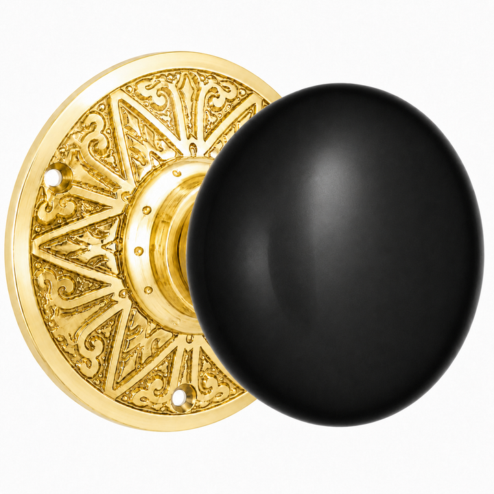 Eastlake Rosette Door Set with Black Porcelain Door Knobs (Several Finishes Available)