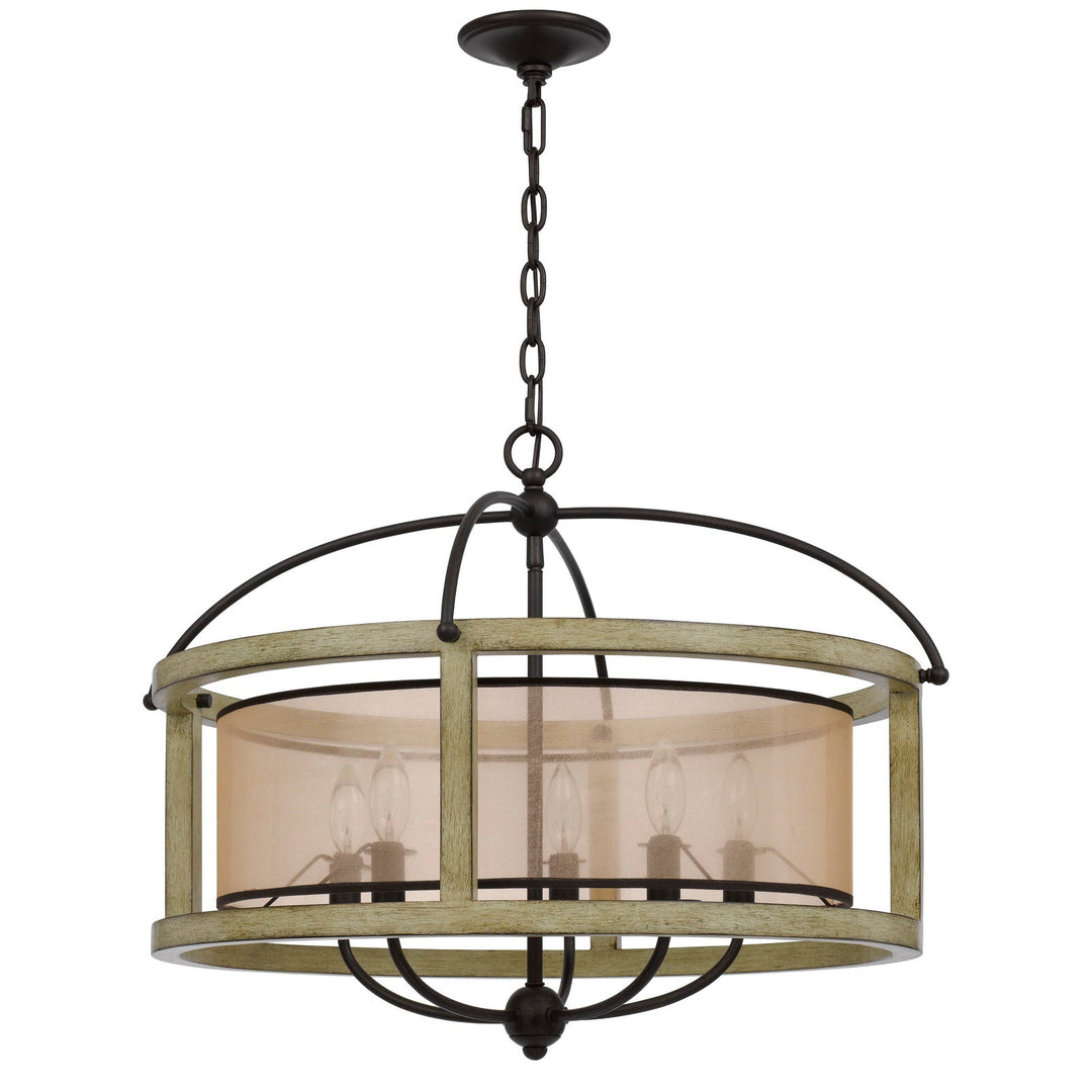 PALENCIA RUBBER WOOD ROUND CHANDELIER WITH ORGANZA SHADE Cal Lighting