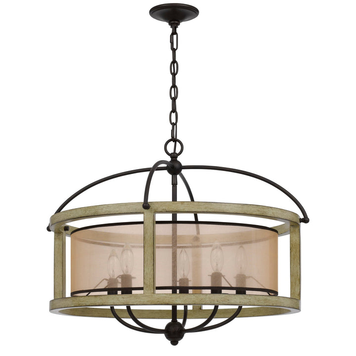 PALENCIA RUBBER WOOD ROUND CHANDELIER WITH ORGANZA SHADE Cal Lighting