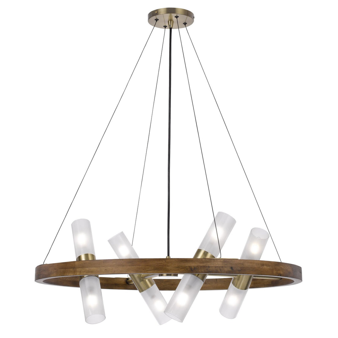 40W X 8 HEMPSTEAD BIRCH WOOD CYLINDER CHANDELIER WITH ADJUSTABLE STEEL CABLE AND GLASS SHADES Cal Lighting