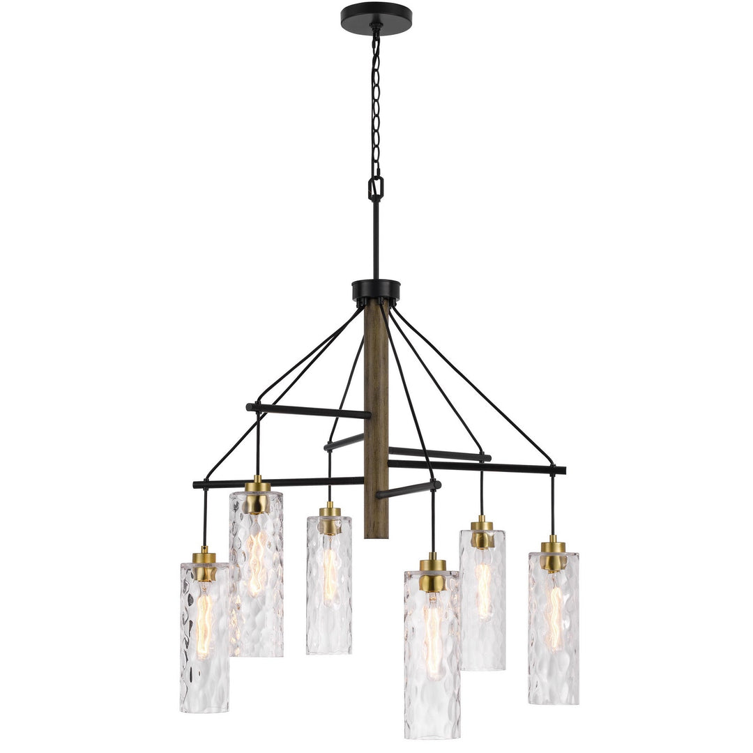 60W X 6 WILLISTON RUBBER WOOD CHANDELIER WITH HANGING TEXTURED GLASS SHADES Cal Lighting