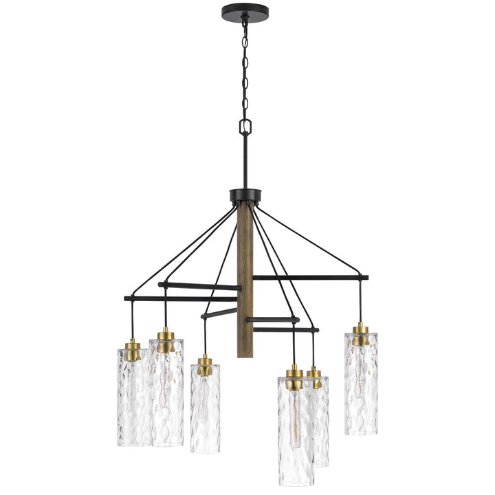 60W X 6 WILLISTON RUBBER WOOD CHANDELIER WITH HANGING TEXTURED GLASS SHADES Cal Lighting