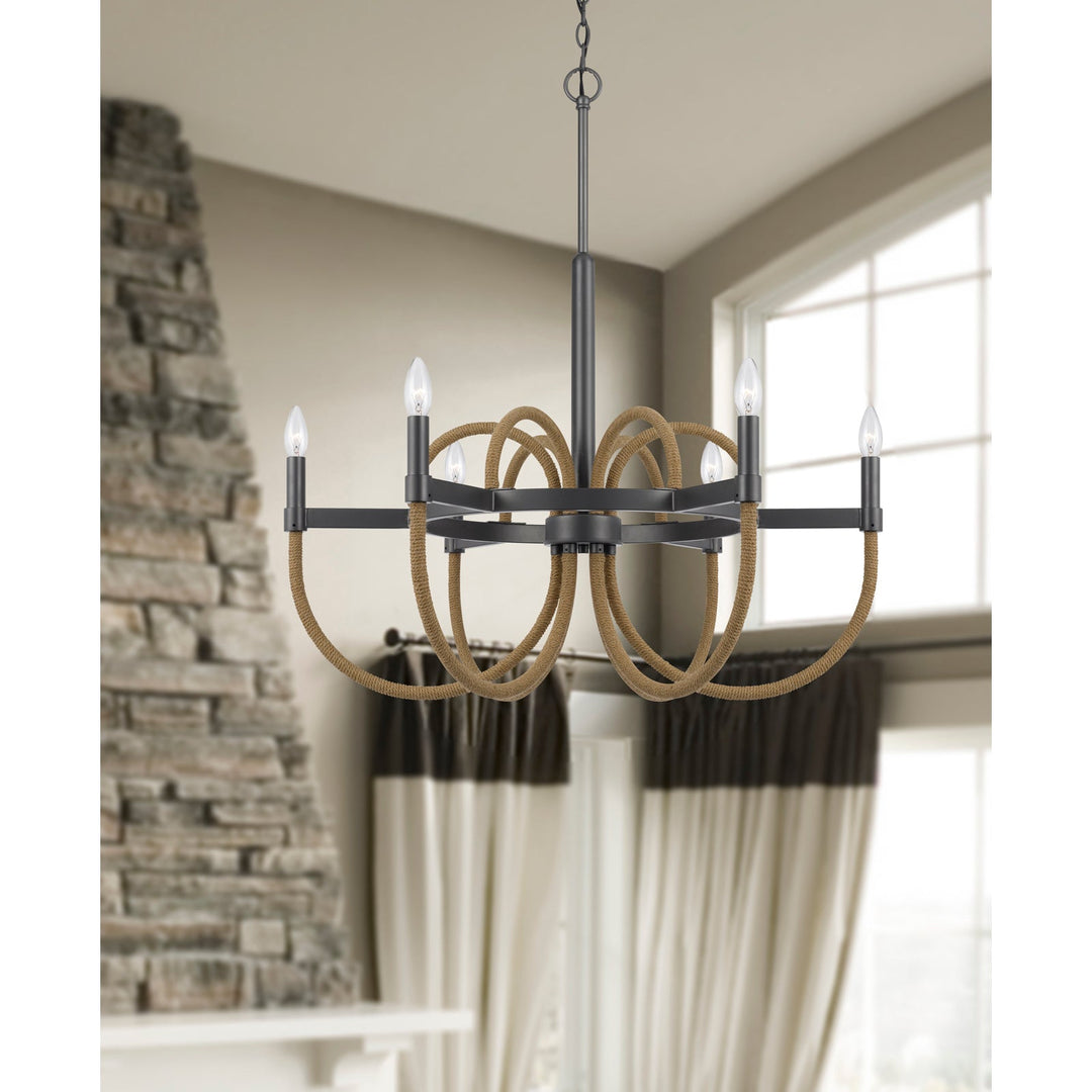 ROWLAND 60W X 6 METAL/BURLAP ROPED CHANDELIER Cal Lighting