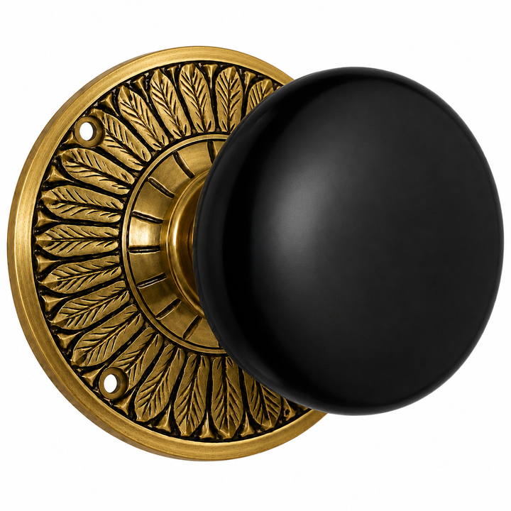 Feather Rosette Door Set with Black Porcelain Door Knobs (Several Finishes Available)